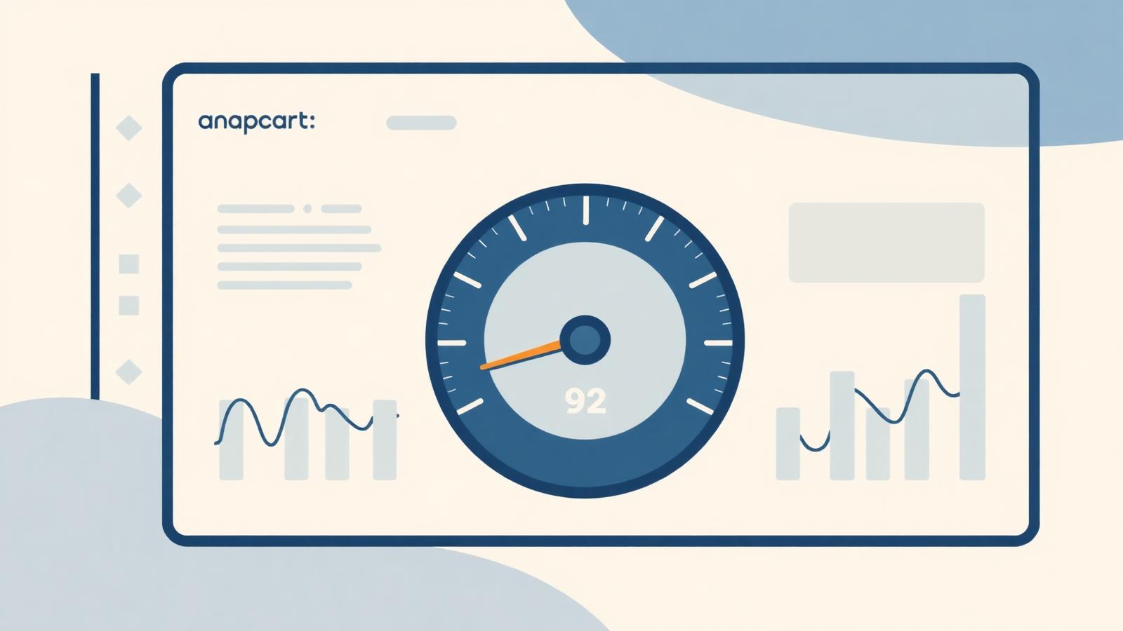 Shopify performance dashboard showing a speedometer at 92 with supporting charts