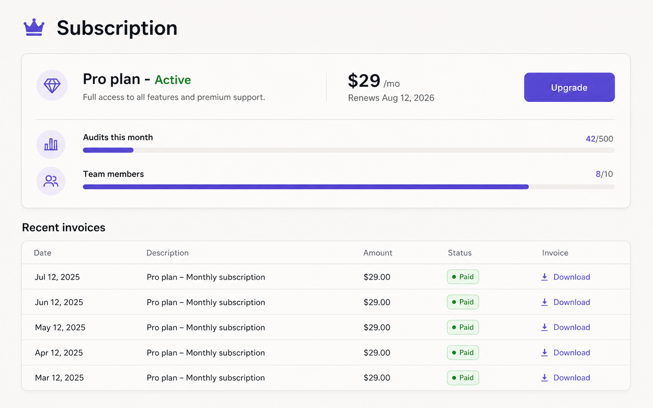 Billing page